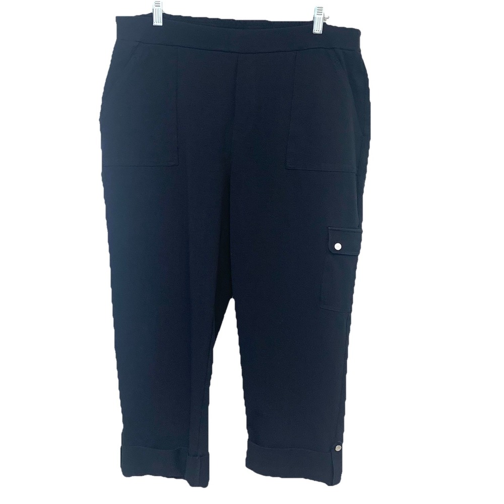 Susan Graver Cargo Crop Pull On Pants Black Large Premium Stretch Casual Travel